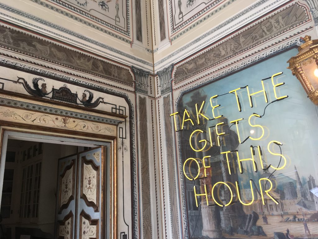 Currently Vizcaya houses artists-in-residence, like XXX whose neon word art somehow perfectly complements the ornate and vintage details all around the back patio/boat dock entrance.