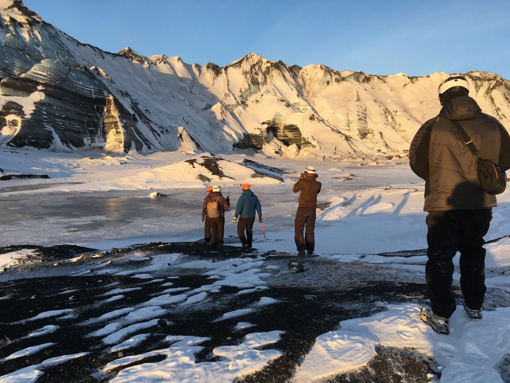 Glacial desert of snow and ice, approaching ice caves on Myrdalsjokull