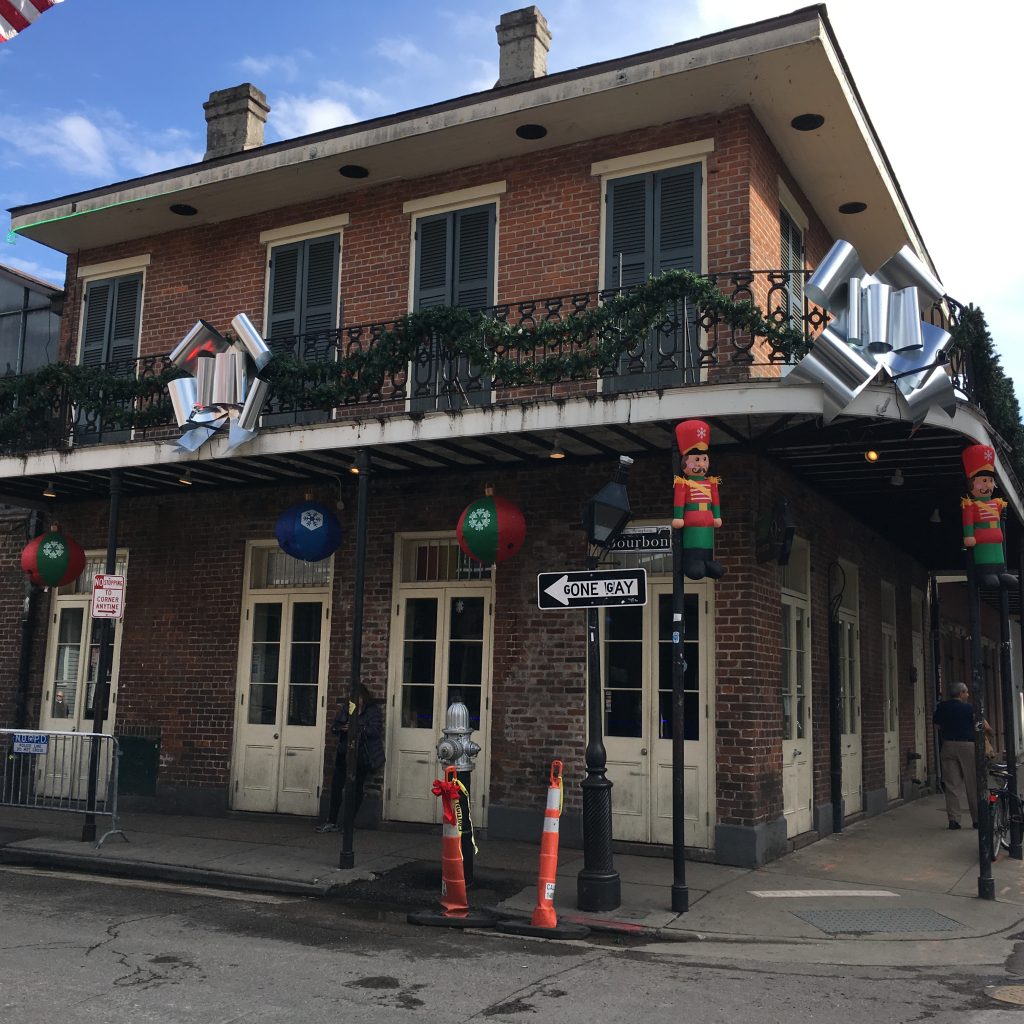 Bourbon street building decorated for Christmas