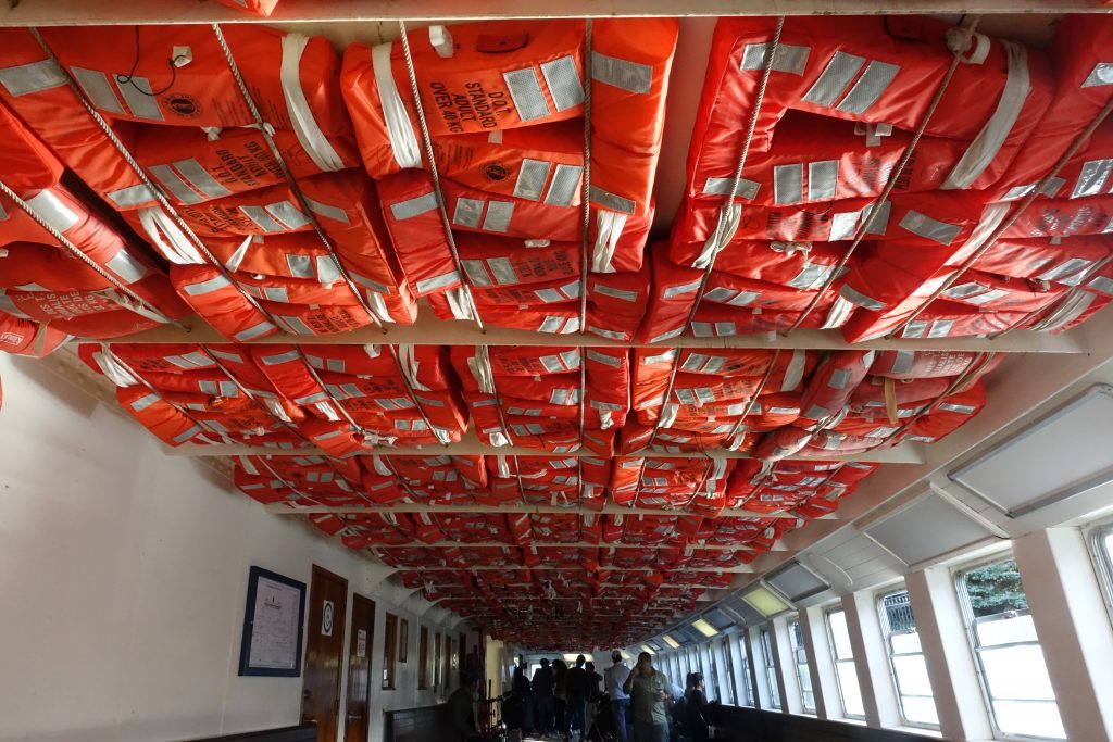 A mess of life jackets on the ferry across Toronto Harbor